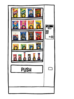 Drawing of a vending machine containing: Twisties, Toobs, Burger Rings, Smiths Chips, Doritos, 
        Parkers Pretzel, red Rock Deli Chips, Nobbys Nuts, Kit Kat, Crunchie Bar, M&Ms, Picnic Bar, And Time Out Bar